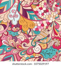 Tracery seamless pattern. Mehndi design. Ethnic colorful doodle texture. Curved doodling background. Vector