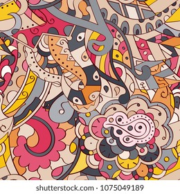 Tracery seamless pattern. Mehndi design. Ethnic colorful doodle texture. Curved doodling background. Vector
