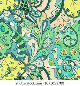 Tracery seamless pattern. Mehndi design. Ethnic colorful doodle texture. Curved doodling background. Vector