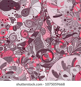 Tracery seamless pattern. Mehndi design. Ethnic colorful doodle texture. Curved doodling background. Vector