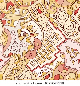 Tracery seamless pattern. Mehndi design. Ethnic colorful doodle texture. Curved doodling background. Vector