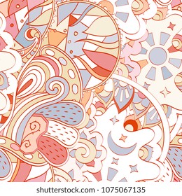 Tracery seamless pattern. Mehndi design. Ethnic colorful doodle texture. Curved doodling background. Vector