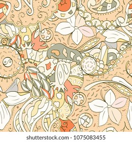 Tracery seamless pattern. Mehndi design. Ethnic colorful doodle texture. Curved doodling background. Vector