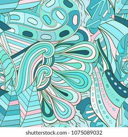 Tracery seamless pattern. Mehndi design. Ethnic colorful doodle texture. Curved doodling background. Vector
