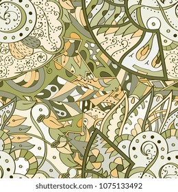 Tracery seamless pattern. Mehndi design. Ethnic colorful doodle texture. Curved doodling background. Vector