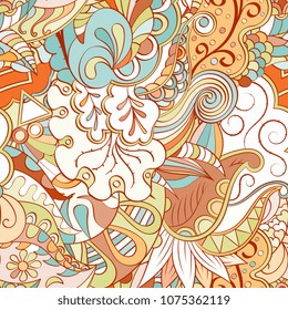 Tracery seamless pattern. Mehndi design. Ethnic colorful doodle texture. Curved doodling background. Vector