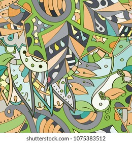 Tracery seamless pattern. Mehndi design. Ethnic colorful doodle texture. Curved doodling background. Vector