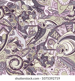 Tracery seamless pattern. Mehndi design. Ethnic colorful doodle texture. Curved doodling background. Vector