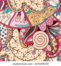 Tracery seamless pattern. Mehndi design. Ethnic colorful doodle texture. Curved doodling background. Vector