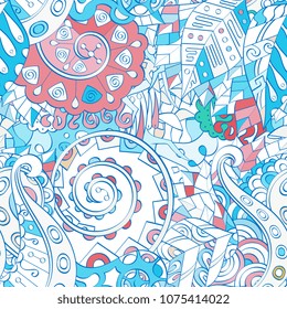 Tracery seamless pattern. Mehndi design. Ethnic colorful doodle texture. Curved doodling background. Vector