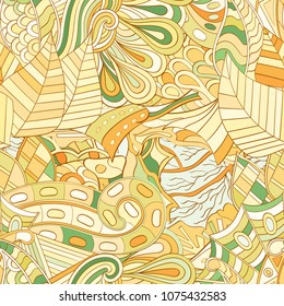 Tracery seamless pattern. Mehndi design. Ethnic colorful doodle texture. Curved doodling background. Vector