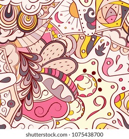 Tracery seamless pattern. Mehndi design. Ethnic colorful doodle texture. Curved doodling background. Vector