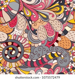 Tracery seamless pattern. Mehndi design. Ethnic colorful doodle texture. Curved doodling background. Vector