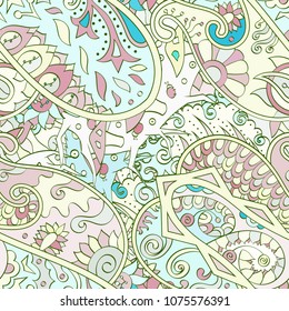 Tracery seamless pattern. Mehndi design. Ethnic colorful doodle texture. Curved doodling background. Vector