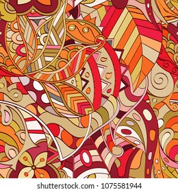 Tracery seamless pattern. Mehndi design. Ethnic colorful doodle texture. Curved doodling background. Vector