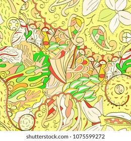 Tracery seamless pattern. Mehndi design. Ethnic colorful doodle texture. Curved doodling background. Vector