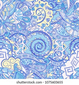 Tracery seamless pattern. Mehndi design. Ethnic colorful doodle texture. Curved doodling background. Vector