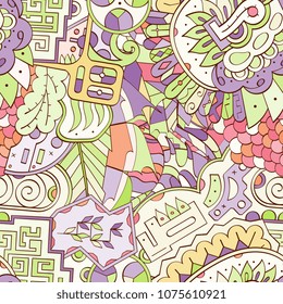 Tracery seamless pattern. Mehndi design. Ethnic colorful doodle texture. Curved doodling background. Vector