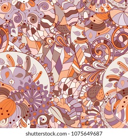 Tracery seamless pattern. Mehndi design. Ethnic colorful doodle texture. Curved doodling background. Vector