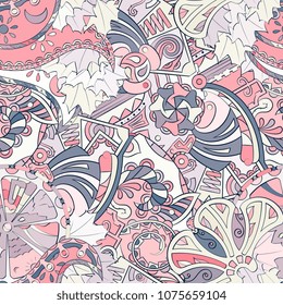 Tracery seamless pattern. Mehndi design. Ethnic colorful doodle texture. Curved doodling background. Vector