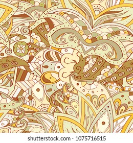 Tracery seamless pattern. Mehndi design. Ethnic colorful doodle texture. Curved doodling background. Vector