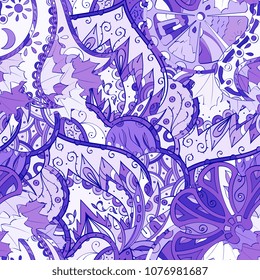 Tracery seamless pattern. Mehndi design. Ethnic colorful doodle texture. Curved doodling background. Vector