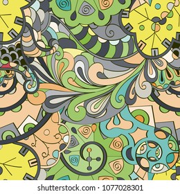 Tracery seamless pattern. Mehndi design. Ethnic colorful doodle texture. Curved doodling background. Vector