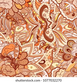Tracery seamless pattern. Mehndi design. Ethnic colorful doodle texture. Curved doodling background. Vector