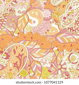Tracery seamless pattern. Mehndi design. Ethnic colorful doodle texture. Curved doodling background. Vector