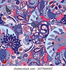 Tracery seamless pattern. Mehndi design. Ethnic colorful doodle texture. Curved doodling background. Vector