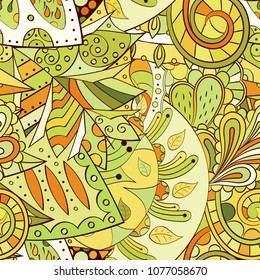 Tracery seamless pattern. Mehndi design. Ethnic colorful doodle texture. Curved doodling background. Vector