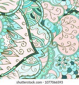 Tracery seamless pattern. Mehndi design. Ethnic colorful doodle texture. Curved doodling background. Vector