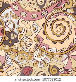 Tracery seamless pattern. Mehndi design. Ethnic colorful doodle texture. Curved doodling background. Vector