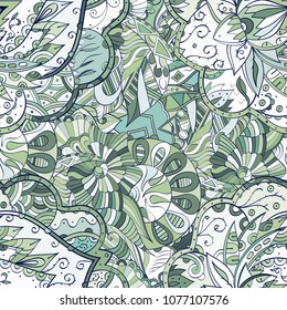 Tracery seamless pattern. Mehndi design. Ethnic colorful doodle texture. Curved doodling background. Vector