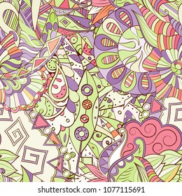 Tracery seamless pattern. Mehndi design. Ethnic colorful doodle texture. Curved doodling background. Vector