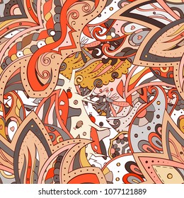 Tracery seamless pattern. Mehndi design. Ethnic colorful doodle texture. Curved doodling background. Vector