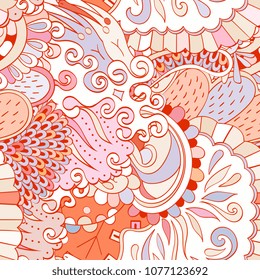 Tracery seamless pattern. Mehndi design. Ethnic colorful doodle texture. Curved doodling background. Vector