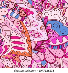 Tracery seamless pattern. Mehndi design. Ethnic colorful doodle texture. Curved doodling background. Vector
