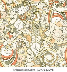 Tracery seamless pattern. Mehndi design. Ethnic colorful doodle texture. Curved doodling background. Vector