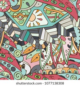 Tracery seamless pattern. Mehndi design. Ethnic colorful doodle texture. Curved doodling background. Vector