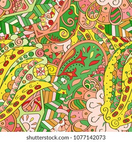 Tracery seamless pattern. Mehndi design. Ethnic colorful doodle texture. Curved doodling background. Vector