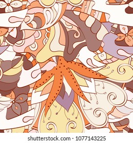 Tracery seamless pattern. Mehndi design. Ethnic colorful doodle texture. Curved doodling background. Vector