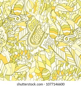Tracery seamless pattern. Mehndi design. Ethnic colorful doodle texture. Curved doodling background. Vector