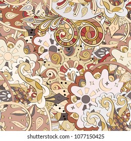 Tracery seamless pattern. Mehndi design. Ethnic colorful doodle texture. Curved doodling background. Vector