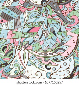 Tracery seamless pattern. Mehndi design. Ethnic colorful doodle texture. Curved doodling background. Vector