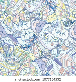 Tracery seamless pattern. Mehndi design. Ethnic colorful doodle texture. Curved doodling background. Vector
