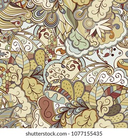 Tracery seamless pattern. Mehndi design. Ethnic colorful doodle texture. Curved doodling background. Vector
