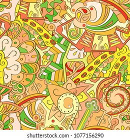 Tracery seamless pattern. Mehndi design. Ethnic colorful doodle texture. Curved doodling background. Vector