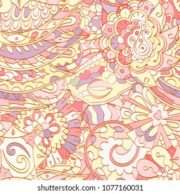 Tracery seamless pattern. Mehndi design. Ethnic colorful doodle texture. Curved doodling background. Vector
