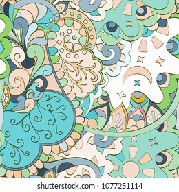 Tracery seamless pattern. Mehndi design. Ethnic colorful doodle texture. Curved doodling background. Vector